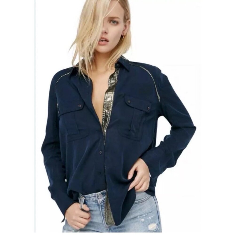 FREE PEOPLE Top Navy Blue Gold XS 0 2 4 Extra Small NWT Long Sleeve